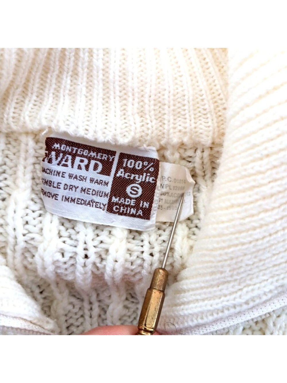 Vintage Cable Knit Full-Zip Sweater Small Men's Montgomery Ward Ivory Acrylic
